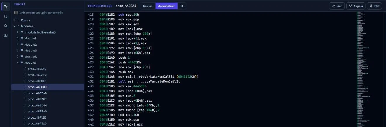 Disassembly view of proc_46DBA0: __vbaVarLateMemCallSt call then a type 2 VARIANT holding 1