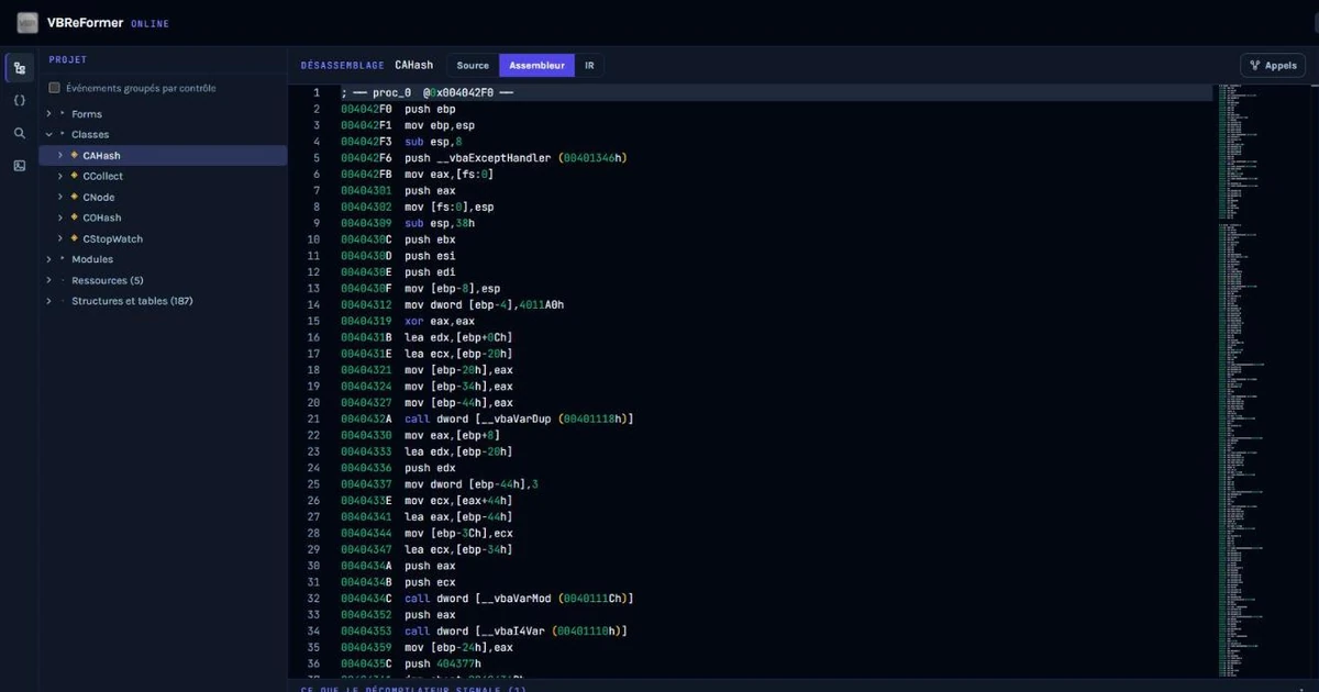 Un exécutable VB6 compressé par UPX, 14 Ko, ouvert dans VBReFormer Online : vue Assembleur avec les appels au runtime résolus